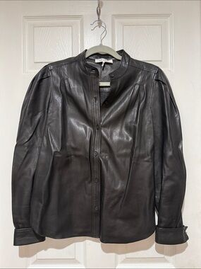Frame Denim Black Leather Jacket with Button Front